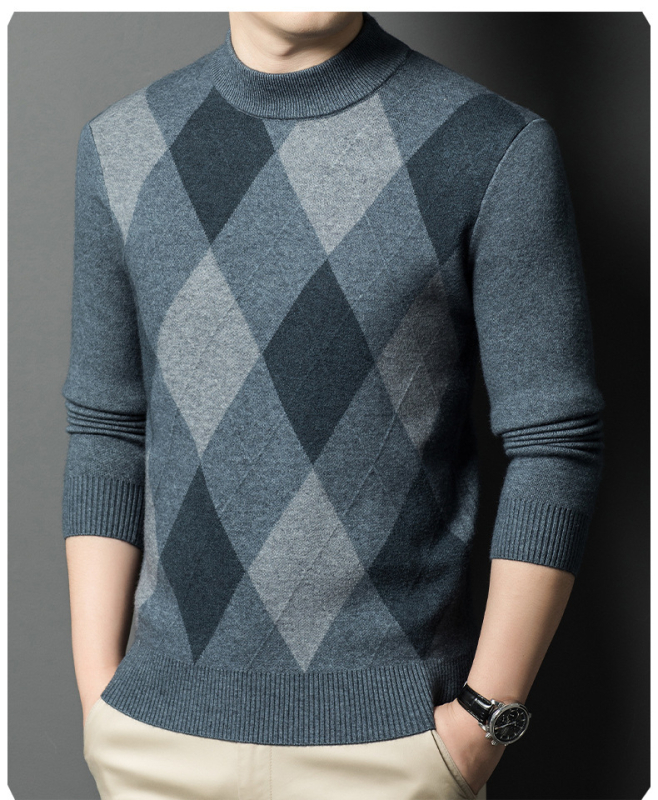 Vyriskas megztinis su pusaukštu kaklu, siauras kirpimas, 30–35% vilnos, vilnos-nailono mišinys, skalbimas skalbimo mašinoje