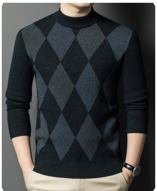 Vyriskas megztinis su pusaukštu kaklu, siauras kirpimas, 30–35% vilnos, vilnos-nailono mišinys, skalbimas skalbimo mašinoje