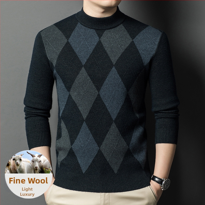 Пуловер за мъже с полувисока яка, слим фит, 30–35% вълна, смес от вълна и найлон, машинно пране, без гладене