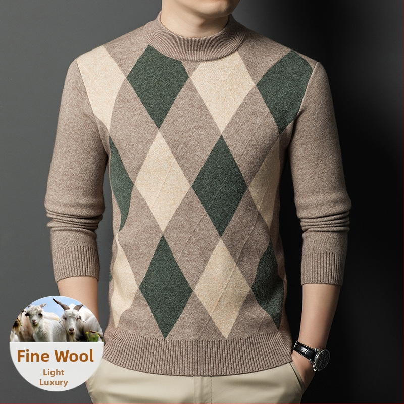 Пуловер за мъже с полувисока яка, слим фит, 30–35% вълна, смес от вълна и найлон, машинно пране, без гладене