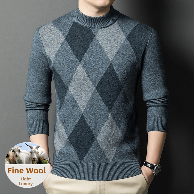 Пуловер за мъже с полувисока яка, слим фит, 30–35% вълна, смес от вълна и найлон, машинно пране, без гладене