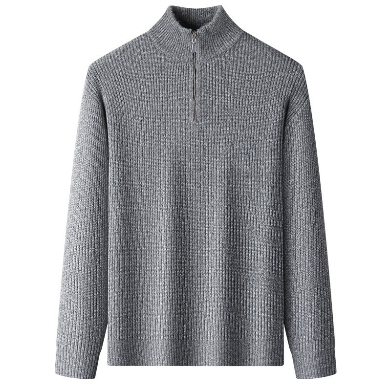 Vyrų vilnos megztinis su stovinčia apykakle, laisvas kirpimas, ilgos rankovės, stora siūla