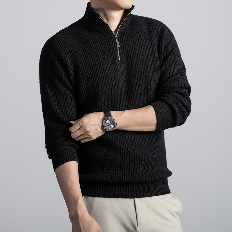 Vyrų vilnos megztinis su stovinčia apykakle, laisvas kirpimas, ilgos rankovės, stora siūla