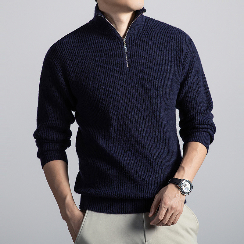 Vyrų vilnos megztinis su stovinčia apykakle, laisvas kirpimas, ilgos rankovės, stora siūla