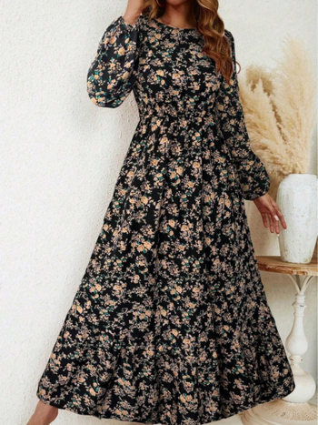 Rochie A-line cu imprimeu floral, lungă, guler rotund, elastan