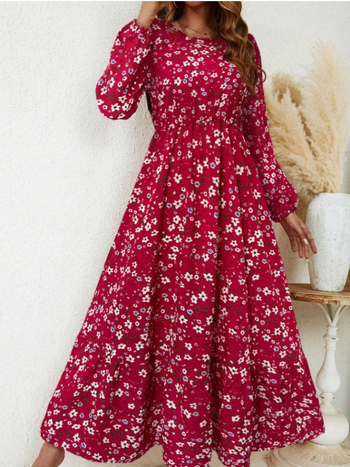 Φόρεμα σε γραμμή Α με φλοράλ εκτύπωση, μακρύ, στρογγυλό λαιμό, ύφασμα σπάντεξ