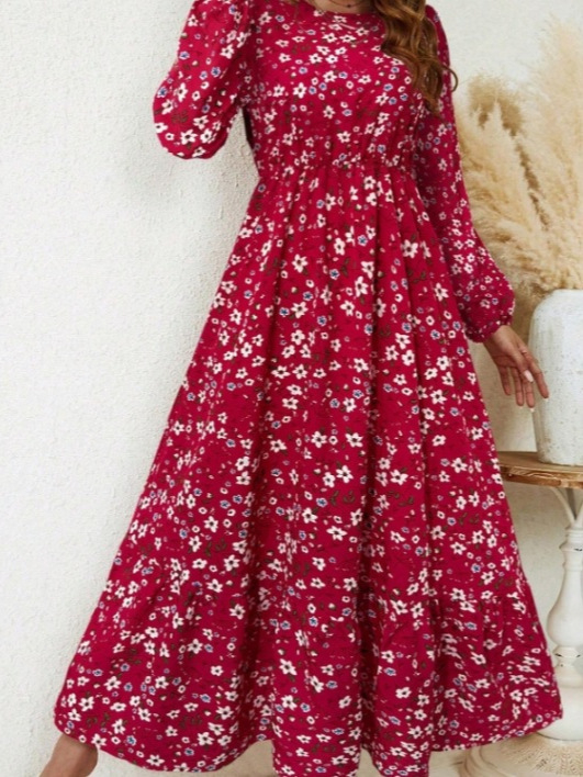 Rochie A-line cu imprimeu floral, lungă, guler rotund, elastan