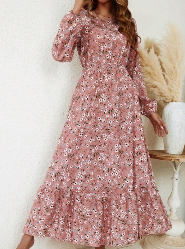 Rochie A-line cu imprimeu floral, lungă, guler rotund, elastan