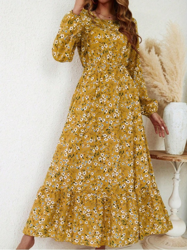 Rochie A-line cu imprimeu floral, lungă, guler rotund, elastan