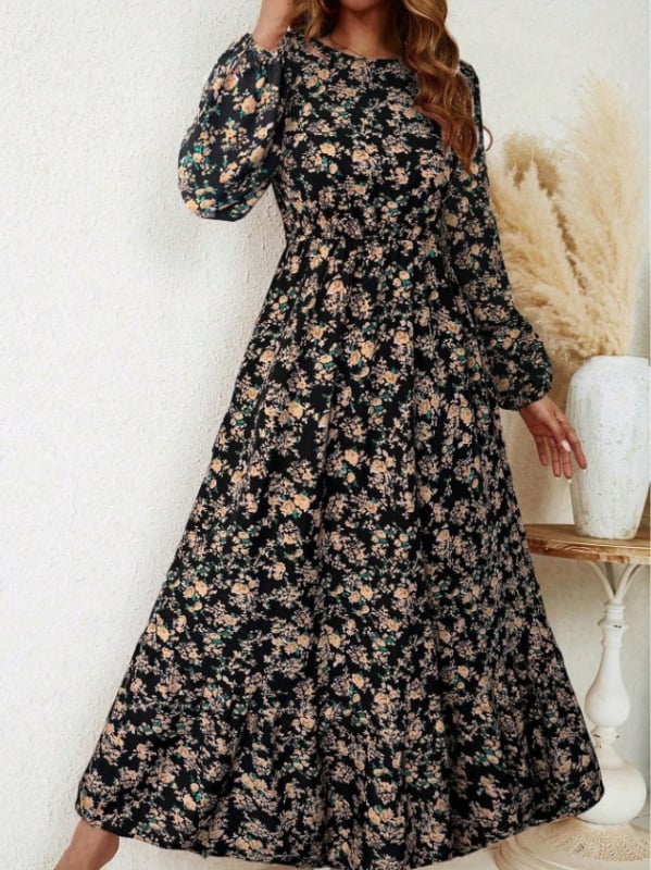 Rochie A-line cu imprimeu floral, lungă, guler rotund, elastan