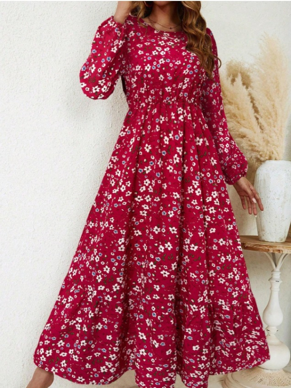 Rochie A-line cu imprimeu floral, lungă, guler rotund, elastan