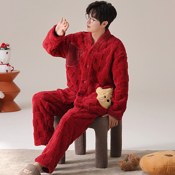 Vyrų flanelinių pižamų komplektas su storesniu audiniu, ilgos rankovės, be apykaklės, kelnytės, 95–100% poliesterio
