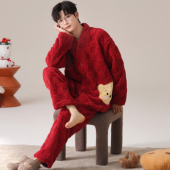 Vyrų flanelinių pižamų komplektas su storesniu audiniu, ilgos rankovės, be apykaklės, kelnytės, 95–100% poliesterio