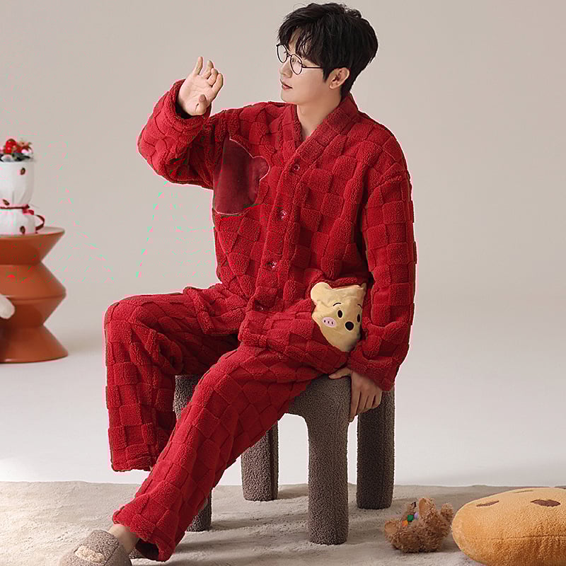 Vyrų flanelinių pižamų komplektas su storesniu audiniu, ilgos rankovės, be apykaklės, kelnytės, 95–100% poliesterio