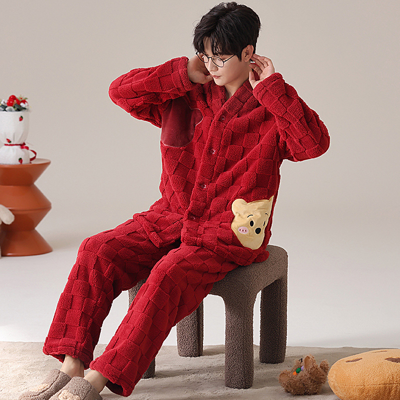 Vyrų flanelinių pižamų komplektas su storesniu audiniu, ilgos rankovės, be apykaklės, kelnytės, 95–100% poliesterio