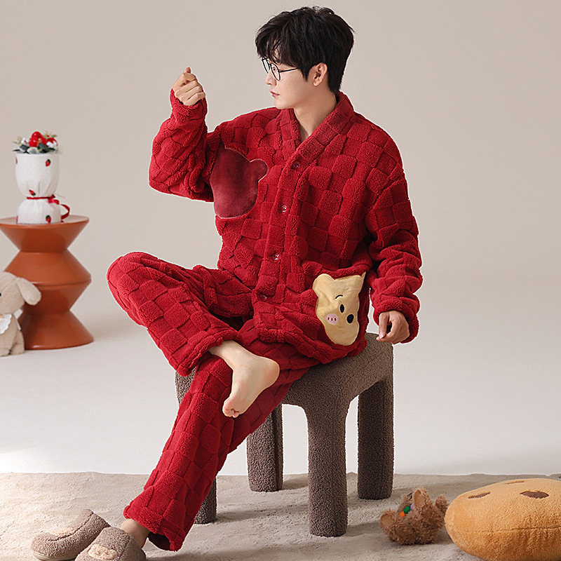 Vyrų flanelinių pižamų komplektas su storesniu audiniu, ilgos rankovės, be apykaklės, kelnytės, 95–100% poliesterio