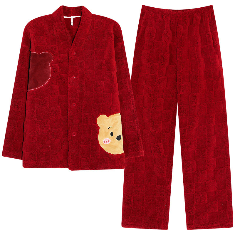 Vyrų flanelinių pižamų komplektas su storesniu audiniu, ilgos rankovės, be apykaklės, kelnytės, 95–100% poliesterio