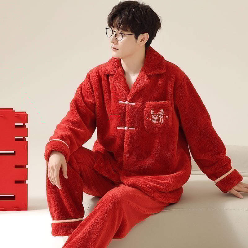 Vyrų flanelinių pižamų komplektas su storesniu audiniu, ilgos rankovės, be apykaklės, kelnytės, 95–100% poliesterio