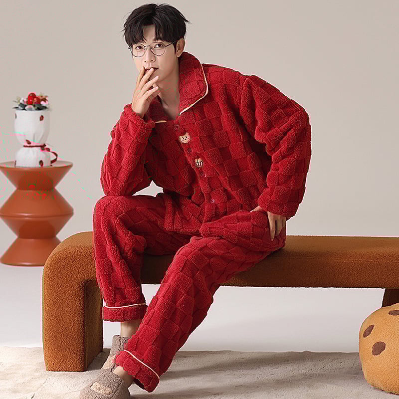 Vyrų flanelinių pižamų komplektas su storesniu audiniu, ilgos rankovės, be apykaklės, kelnytės, 95–100% poliesterio