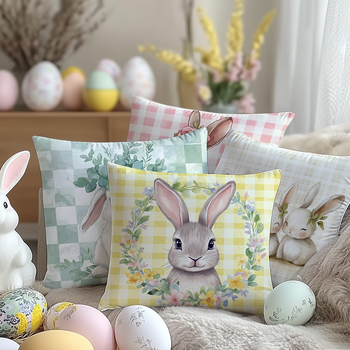 Pagalvės užvalkalas su Velykų kiškių spaudu – Peach Skin audinys, kvadratinis raštas, PP medvilnės užpildas, svetainei, miegamajam, biurui, prekės ženklas Canaan