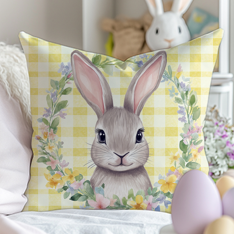 Pagalvės užvalkalas su Velykų kiškių spaudu – Peach Skin audinys, kvadratinis raštas, PP medvilnės užpildas, svetainei, miegamajam, biurui, prekės ženklas Canaan