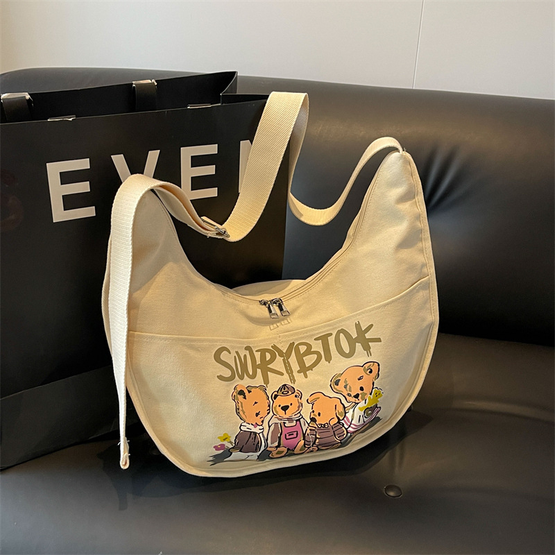 Dumpling bag — geantă de umăr din pânză cu imprimeu drăguț, fermoar, 3D moale, formă orizontală pătrată, căptușeală poliester, buzunare interne pentru telefon și ID, curea unică, ideală pentru relaxare în călătorii