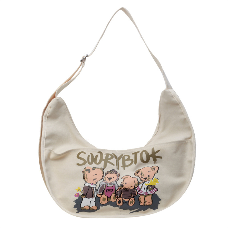 Dumpling bag — geantă de umăr din pânză cu imprimeu drăguț, fermoar, 3D moale, formă orizontală pătrată, căptușeală poliester, buzunare interne pentru telefon și ID, curea unică, ideală pentru relaxare în călătorii