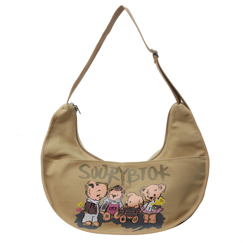 Dumpling bag — geantă de umăr din pânză cu imprimeu drăguț, fermoar, 3D moale, formă orizontală pătrată, căptușeală poliester, buzunare interne pentru telefon și ID, curea unică, ideală pentru relaxare în călătorii