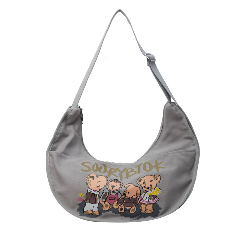 Dumpling bag — geantă de umăr din pânză cu imprimeu drăguț, fermoar, 3D moale, formă orizontală pătrată, căptușeală poliester, buzunare interne pentru telefon și ID, curea unică, ideală pentru relaxare în călătorii