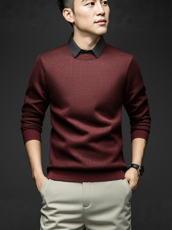 Muški slim-fit pleteni komad za osnovni sloj s ovratnikom, fleece podstava, mješavina vune (67,8% poliester), dugi rukavi