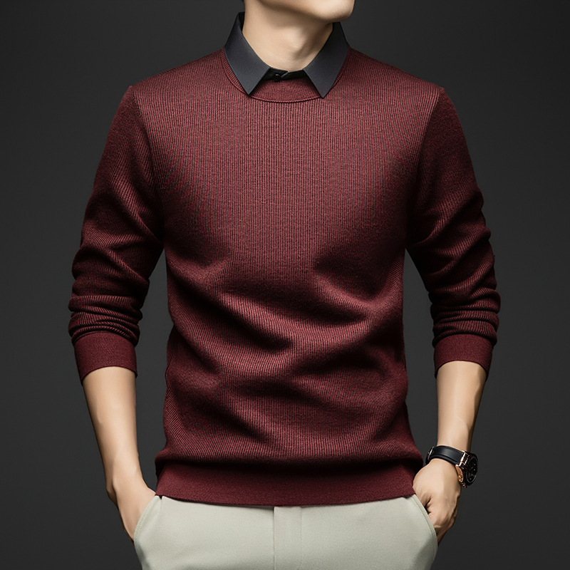 Muški slim-fit pleteni komad za osnovni sloj s ovratnikom, fleece podstava, mješavina vune (67,8% poliester), dugi rukavi