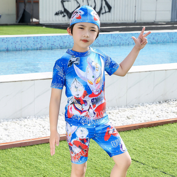 Момчешки двучастков плувен костюм с карикатурен принт, бързосъхнеща материя със слънцезащита, за възраст 3–13 години, полиестер 85% с подплата 15%