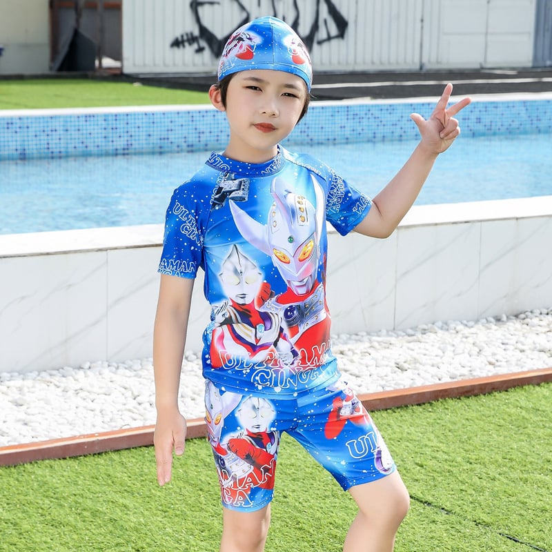 Момчешки двучастков плувен костюм с карикатурен принт, бързосъхнеща материя със слънцезащита, за възраст 3–13 години, полиестер 85% с подплата 15%