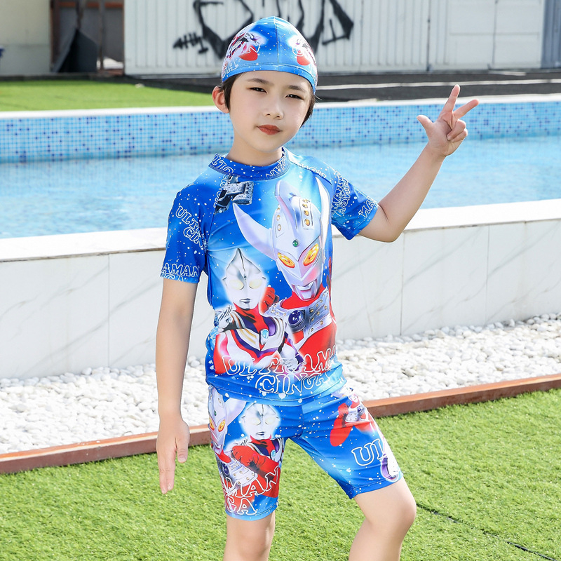 Момчешки двучастков плувен костюм с карикатурен принт, бързосъхнеща материя със слънцезащита, за възраст 3–13 години, полиестер 85% с подплата 15%