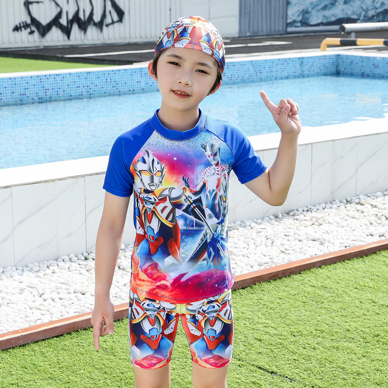 Момчешки двучастков плувен костюм с карикатурен принт, бързосъхнеща материя със слънцезащита, за възраст 3–13 години, полиестер 85% с подплата 15%