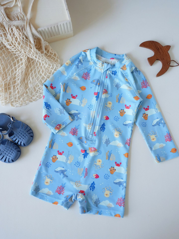 Laste pikkade varrukatega üheosaline ujumistrikoo UV-kaitse ja kiireks kuivamiseks, polüester, tüdrukutele 1–8-aastastele