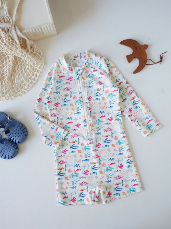 Laste pikkade varrukatega üheosaline ujumistrikoo UV-kaitse ja kiireks kuivamiseks, polüester, tüdrukutele 1–8-aastastele