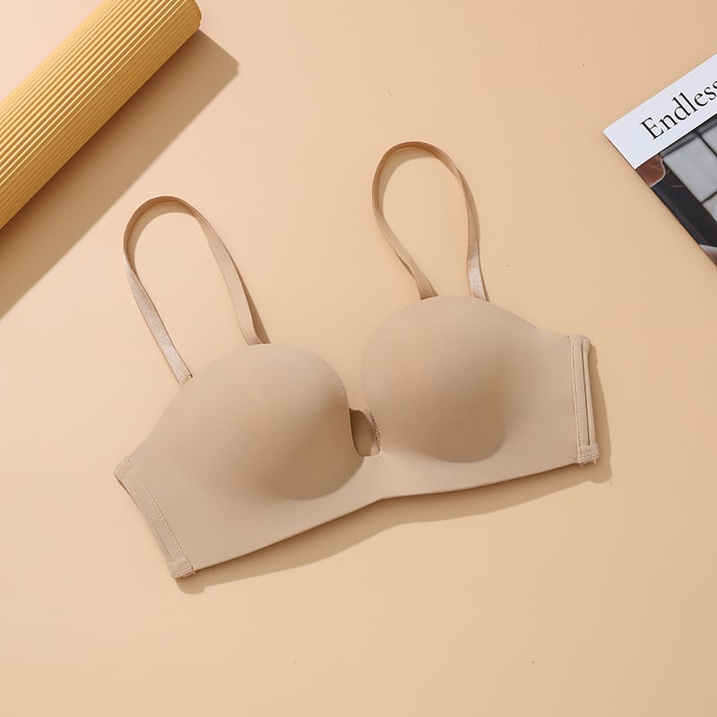 Half-Cup Traceless Deep-U Wireless Bra, Breathable, Front-Gather Support, Thin Mold Cup, Detachable Double Straps, Four-Row Back Closure