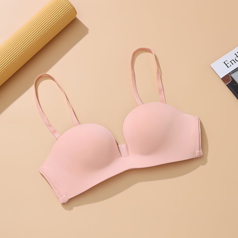 Half-Cup Traceless Deep-U Wireless Bra, Breathable, Front-Gather Support, Thin Mold Cup, Detachable Double Straps, Four-Row Back Closure
