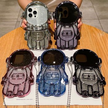 Husa iPhone cu design astronaut glitter și lanț diagonal, TPU, realizare manuală, stil cartoon/trend/lux lejer, protecție: șoc, disipare căldură, anti cădere, compatibilă cu Apple iPhone