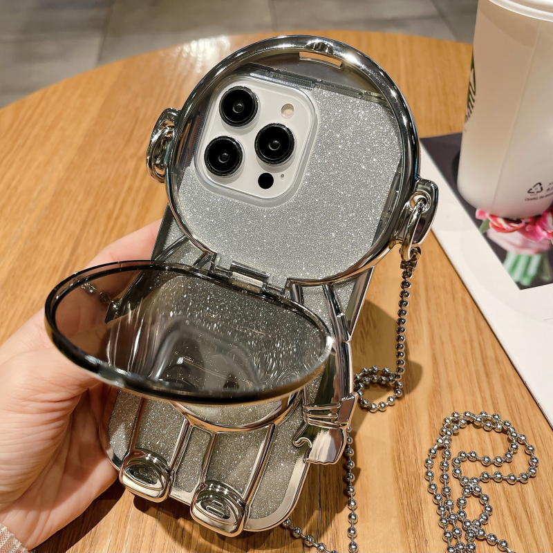 Obal na iPhone s dizajnom astronauta s glitrom a diagonálnym visiacim reťazou, TPU, ručne vyrobený, štýl: kreslený/trend/ľahká luxus, ochrana: proti nárazom, tepelná disipácia, proti pádu, kompatibilný s Apple iPhone