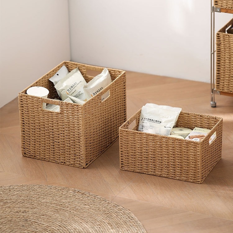 Coș de depozitare cu capac, țesătură din răchită de hârtie, material ecologic