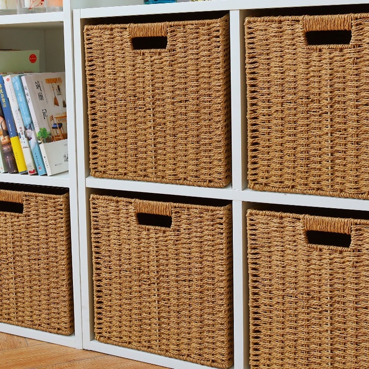 Coș de depozitare cu capac, țesătură din răchită de hârtie, material ecologic