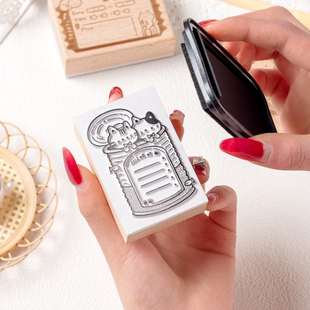 Medinė planavimo spauda su retro katės motyvu, animacinio stiliaus, pusiau rankinis ir pusiau mechaninis gaminimas, Meow Box serija, tinkama dovana