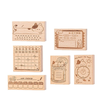 Medinė planavimo spauda su retro katės motyvu, animacinio stiliaus, pusiau rankinis ir pusiau mechaninis gaminimas, Meow Box serija, tinkama dovana