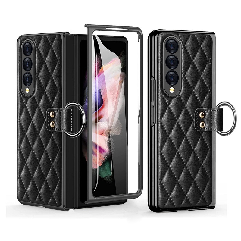 Kožený kryt pre Samsung Galaxy Z Fold6/5/3/4, s elektroplatovaným diamantovým prstenom, PC+PU