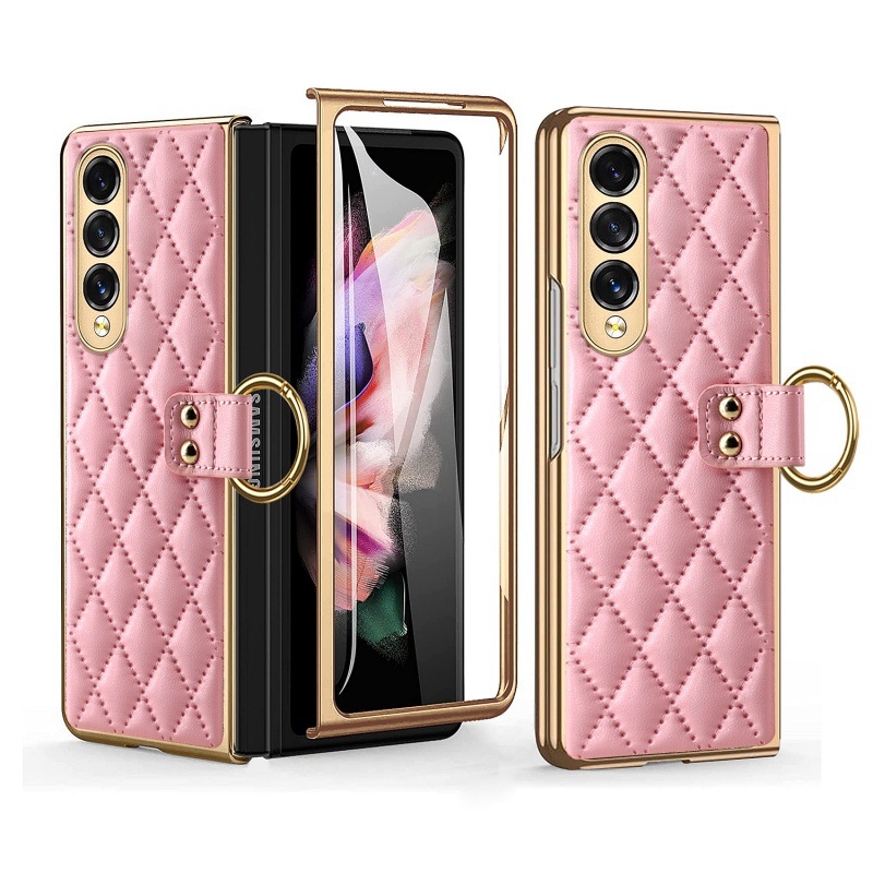 Kožený kryt pre Samsung Galaxy Z Fold6/5/3/4, s elektroplatovaným diamantovým prstenom, PC+PU