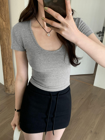 Γυναικεία κοντομάνικη μπλούζα με U-λαιμό, εφαρμοστή γραμμή, ύφασμα βαμβάκι-βισκόζη, κοντά μανίκια, καλοκαιρινό στυλ 2024