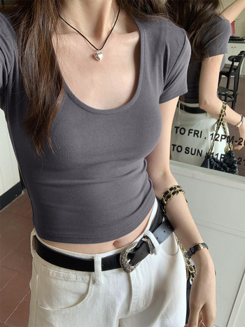 Γυναικεία κοντομάνικη μπλούζα με U-λαιμό, εφαρμοστή γραμμή, ύφασμα βαμβάκι-βισκόζη, κοντά μανίκια, καλοκαιρινό στυλ 2024