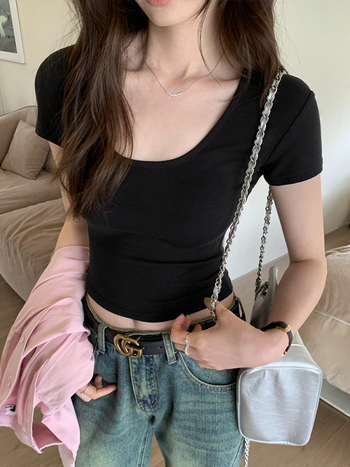 Γυναικεία κοντομάνικη μπλούζα με U-λαιμό, εφαρμοστή γραμμή, ύφασμα βαμβάκι-βισκόζη, κοντά μανίκια, καλοκαιρινό στυλ 2024